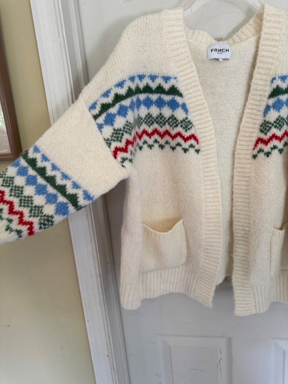 FRNCH Fairisle Long Sleeve Cream Open Cardigan Sweater One Size Fits All - Picture 4 of 7